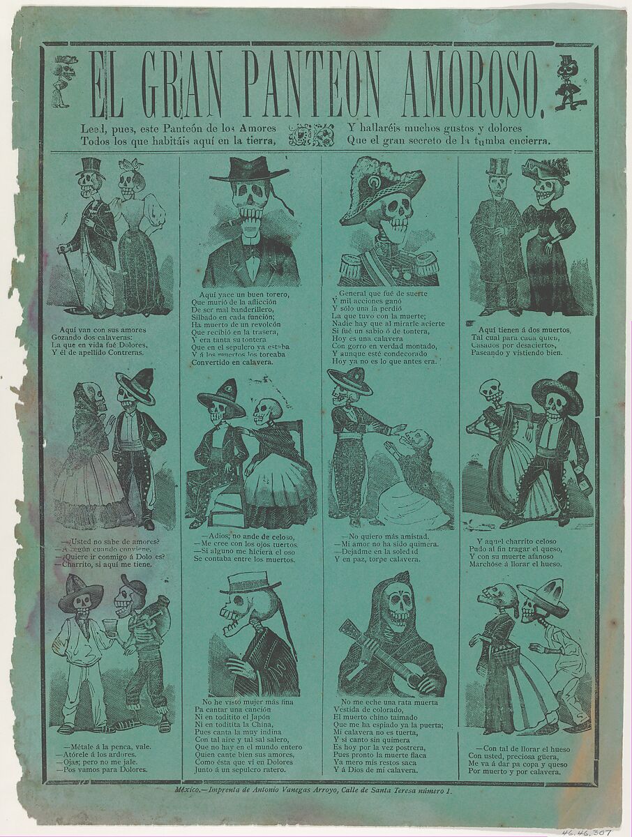 The great pantheon of love, José Guadalupe Posada (Mexican, Aguascalientes 1852–1913 Mexico City), Type-metal engraving and letterpress on green paper 