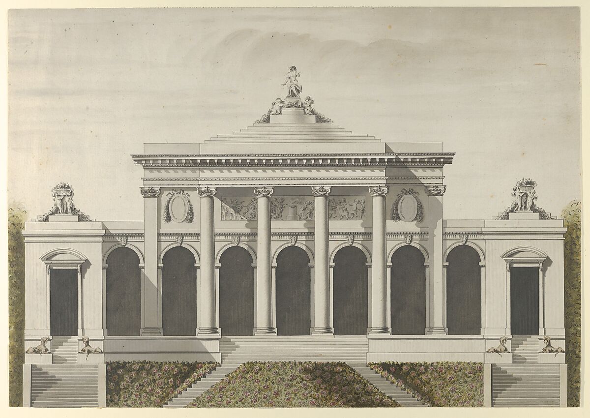 Elevation for the Garden-Front of the Hotel de Brunoy, Faubourg St. Honoré, Paris, After Etienne Louis Boullée (French, Paris 1728–1799 Paris), Pen and black ink, brush and gray, green, and rose wash 