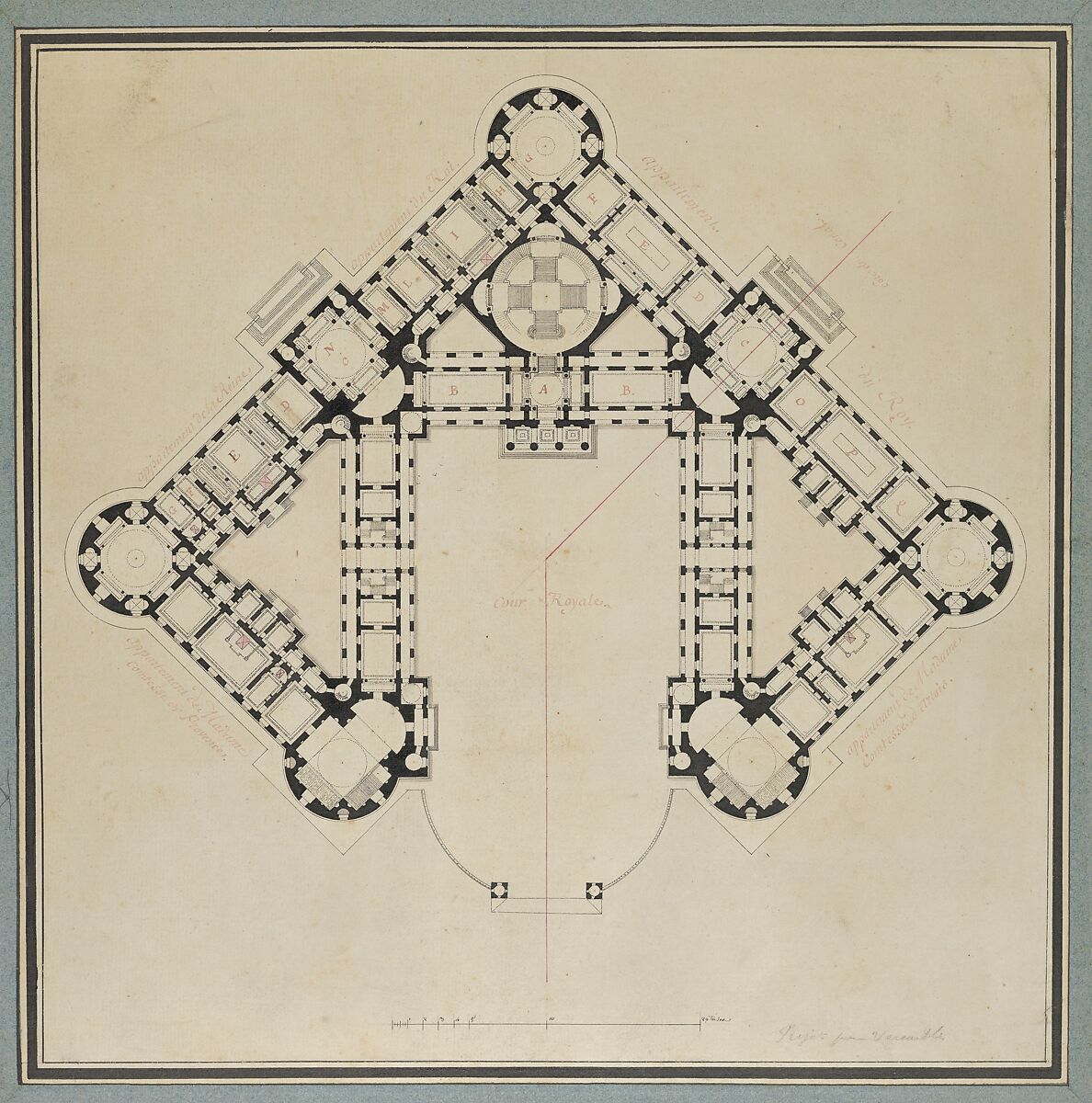 Floor Plan for the Renovations of the Château de Rambouillet, Jean Augustin Renard (French, 1744–1807), Pen and black ink, brush and pink, black, and gray wash