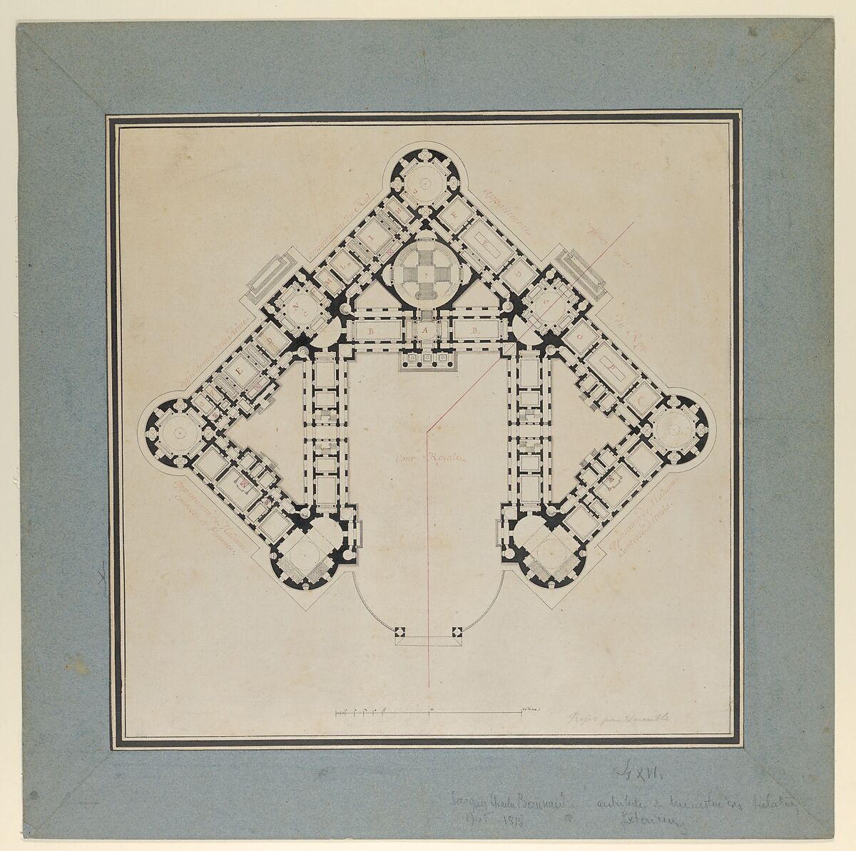 Floor Plan for the Renovations of the Château de Rambouillet, Jean Augustin Renard (French, 1744–1807), Pen and black ink, brush and pink, black, and gray wash 