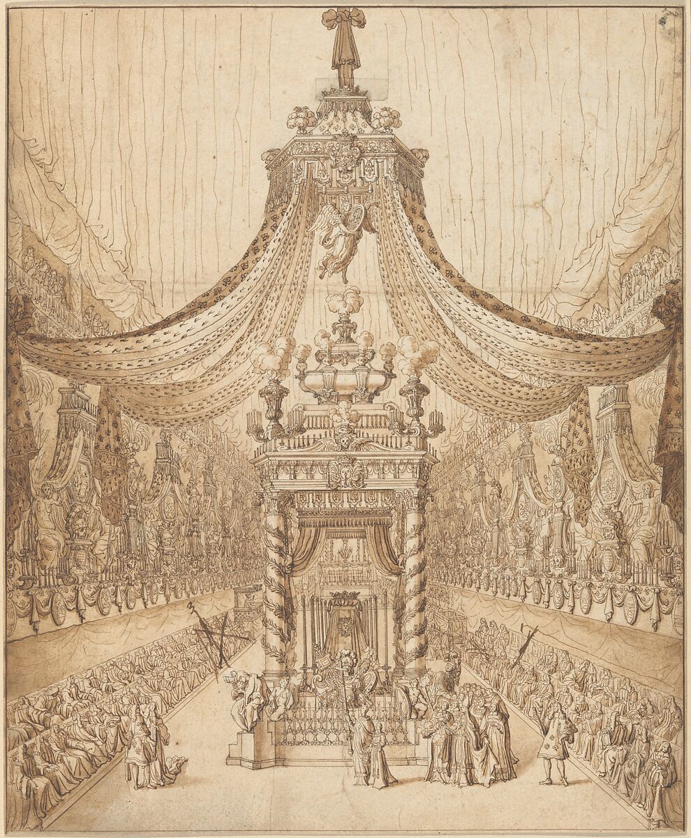 Funeral of the Grand Condé, Jean Berain (French, Saint-Mihiel 1640–1711 Paris), Pen and brown ink, brush and brown wash 