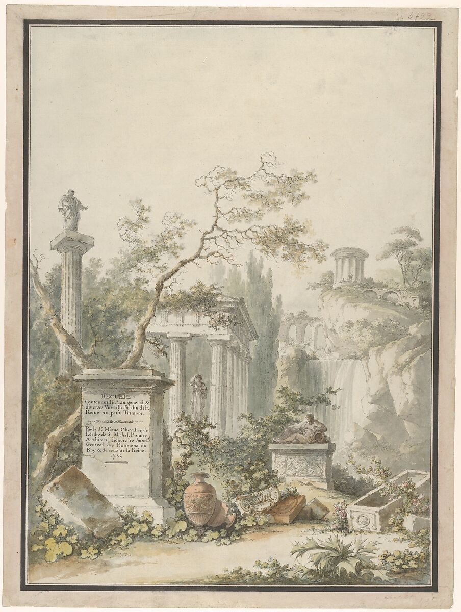 Design for a Frontispiece, Claude Louis Châtelet (French, Paris 1753–1794 Paris), Pen and brown and gray ink, brush and brown and gray wash, watercolor; framing lines in pen and black ink, with brush and pink wash outside lines 