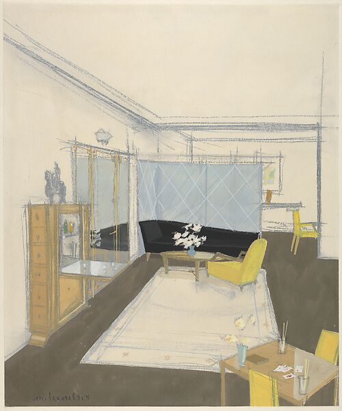Design for a Living Room with Chaise Lounge, André Arbus (French, Toulouse 1903–1969 Paris), Watercolor and gouache over graphite 