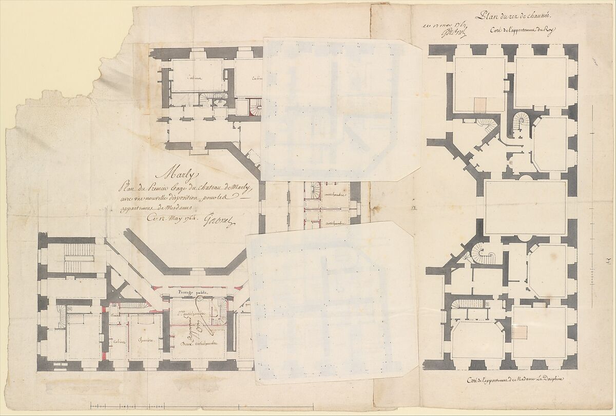 Plans of the Ground and First Floors of the Chateau of Marly, Ange Jacques Gabriel (French, Paris 1698–1782 Paris), Pen and black and brown ink, brush and gray, and rose wash, over graphite