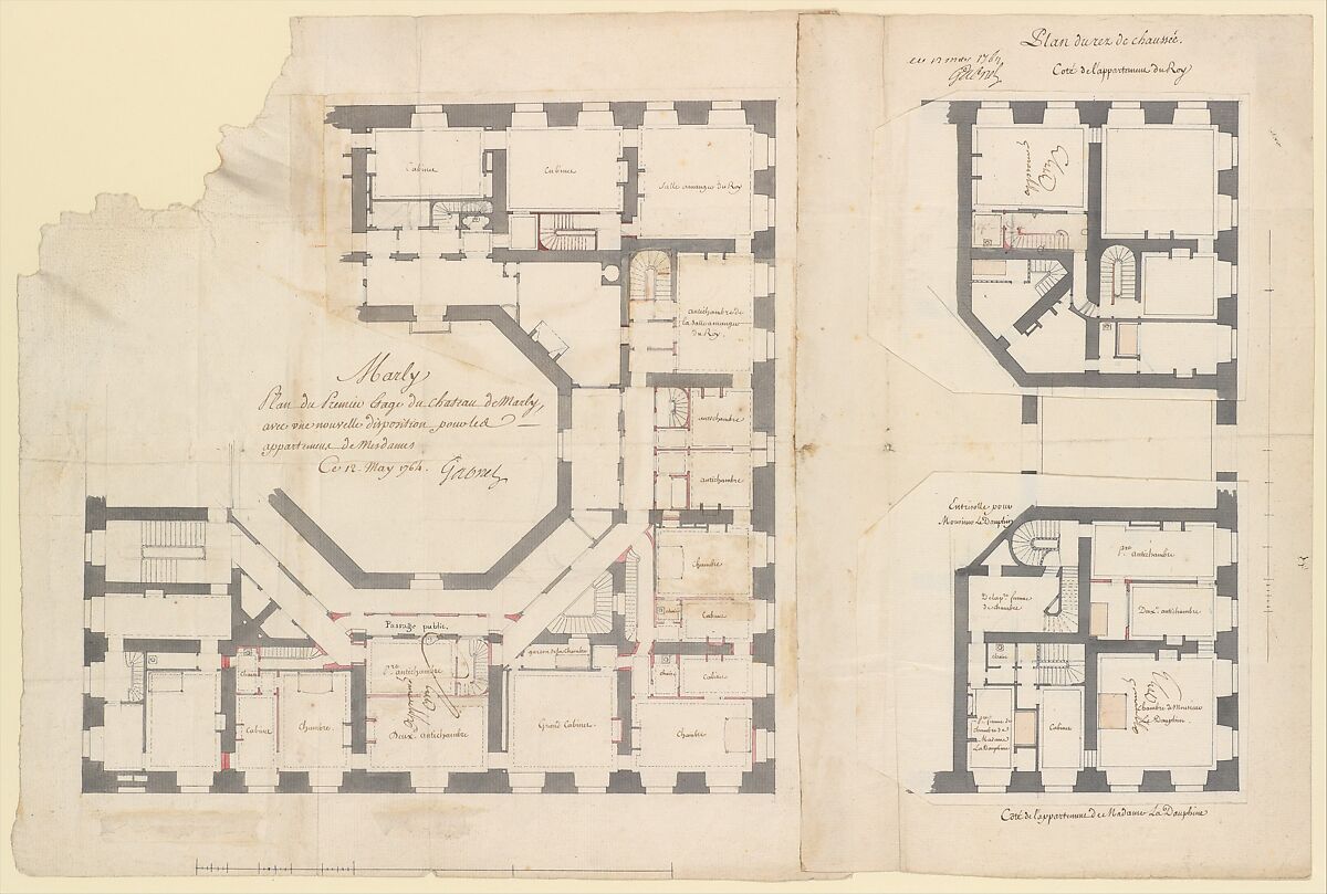 Plans of the Ground and First Floors of the Chateau of Marly, Ange Jacques Gabriel (French, Paris 1698–1782 Paris), Pen and black and brown ink, brush and gray, and rose wash, over graphite 