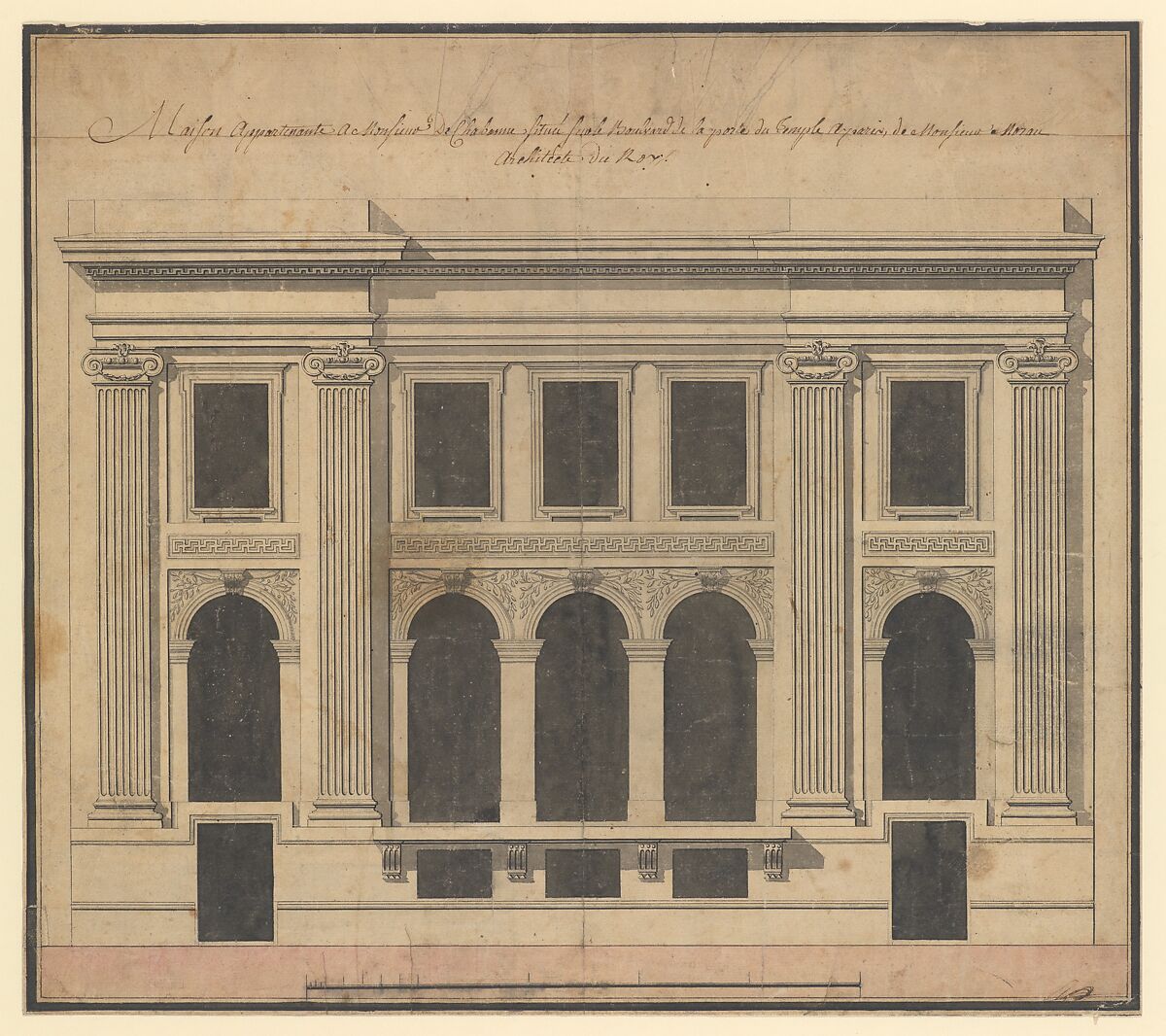 Façade of the Hôtel de Chavannes, Paris (recto); Plan of a Circular Room (verso), Workshop of Pierre Louis Moreau Desproux (French, 1727–1793), Pen and black ink, brush and gray and colored wash, with three framing lines in pen and black ink 