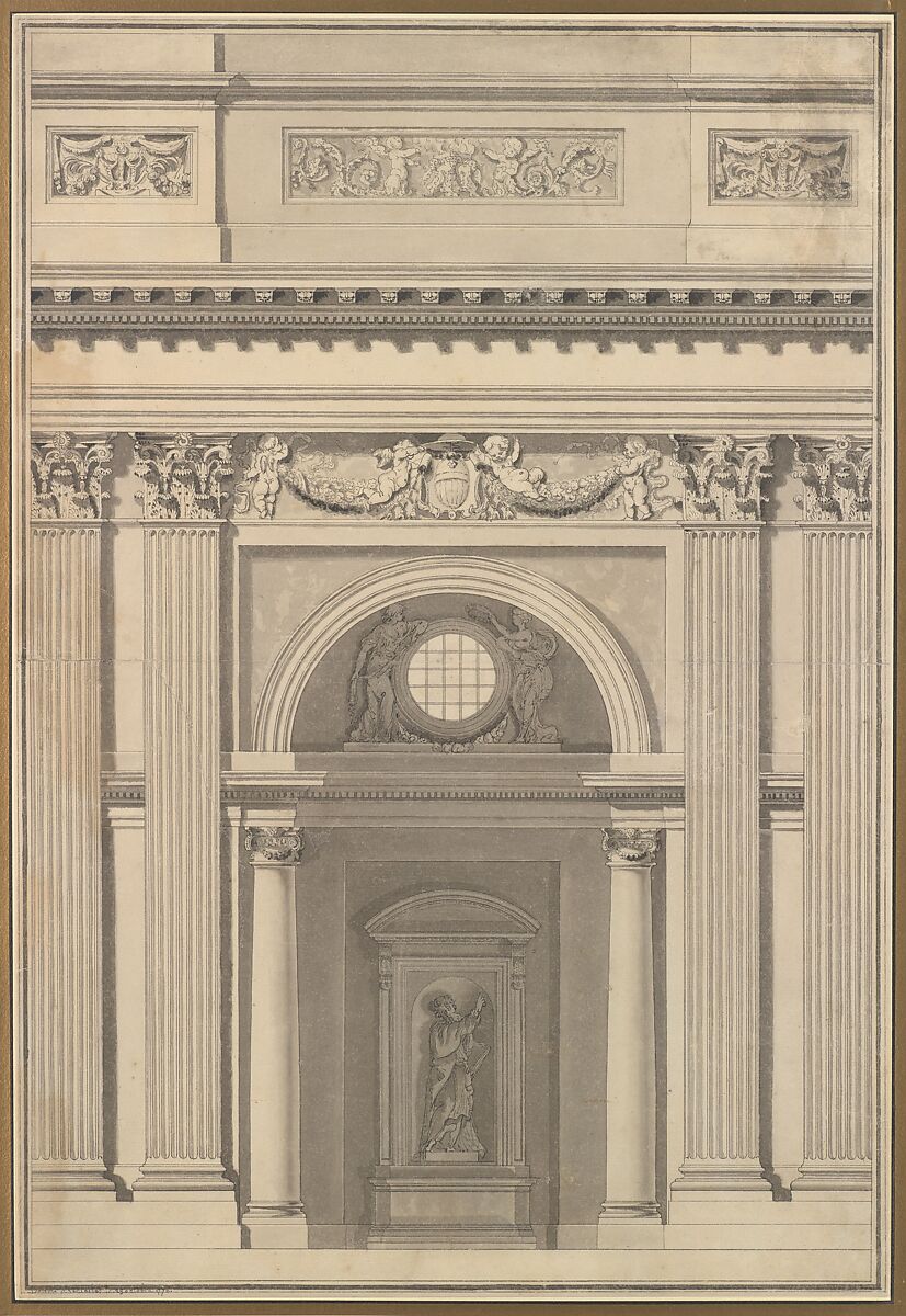 Elevation of a Wall, Attributed to Jean Guillaume Moitte (French, Paris 1746–1810 Paris), Pen and gray ink, brush and gray wash 