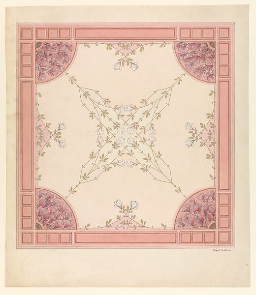 Design for a Ceiling with Magnolias, Auguste Herbst (French, Strasbourg 1878–1951), Pen and brown ink, brush and pink and rose wash, heightened with white and gold 