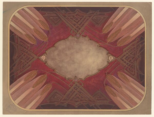 Design for a Ceiling, Auguste Herbst (French, Strasbourg 1878–1951), Pen and brown ink, brush and crimson and rose wash, heightened with gold 