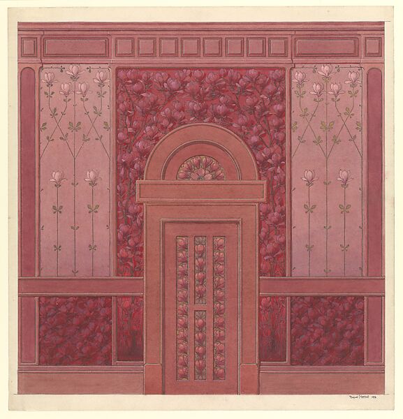 Design for Wall Elevation with Magnolias, Auguste Herbst (French, Strasbourg 1878–1951), Pen and gray ink, brush and crimson, rose and green wash, heightened with silver and gold 