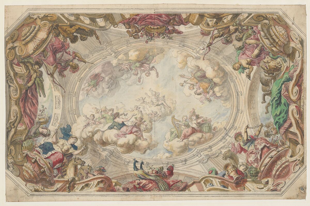 Design for a Ceiling, Daniel Marot the Elder (French, Paris 1661–1752 The Hague), Pen and gray ink, brush and brown, gray, and colored wash 