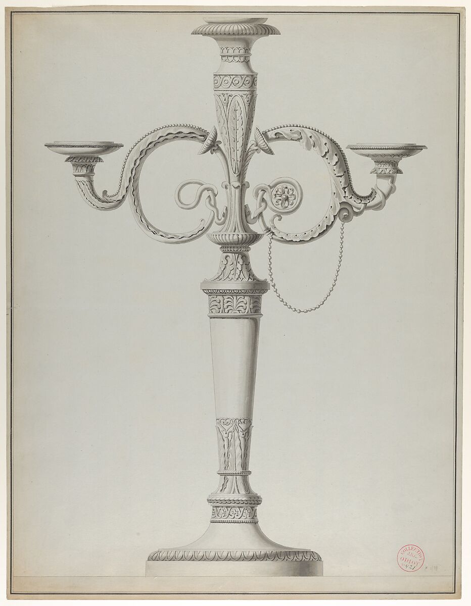 Candelabrum with Alternative Designs for the Arms, Workshop of Henri Auguste (French, Paris 1759–1816 Port-au-Prince), Pen and black ink, brush and gray wash. Framing lines in pen and black ink. 