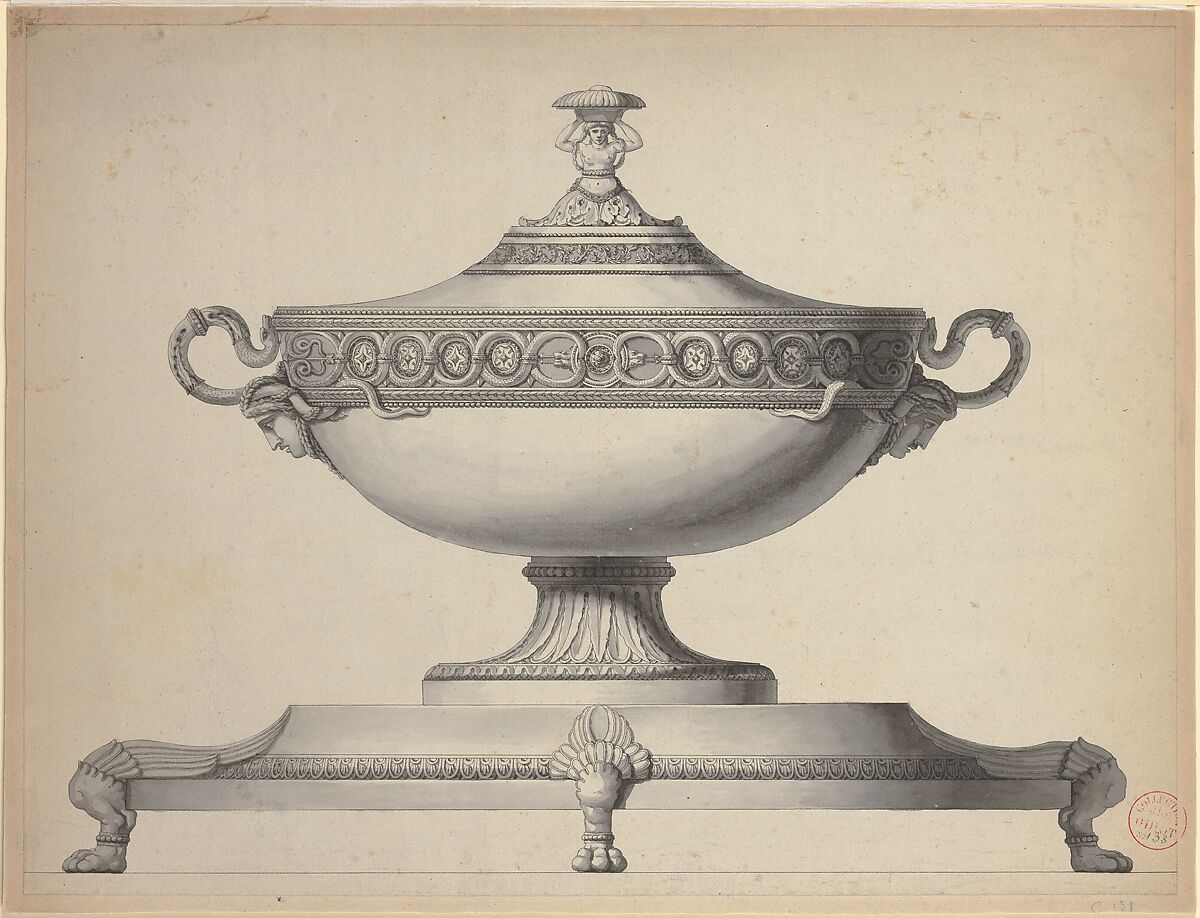 Design for a Covered Tureen on a Footed Stand, Workshop of Henri Auguste (French, Paris 1759–1816 Port-au-Prince), Pen and black ink, brush and gray wash. 