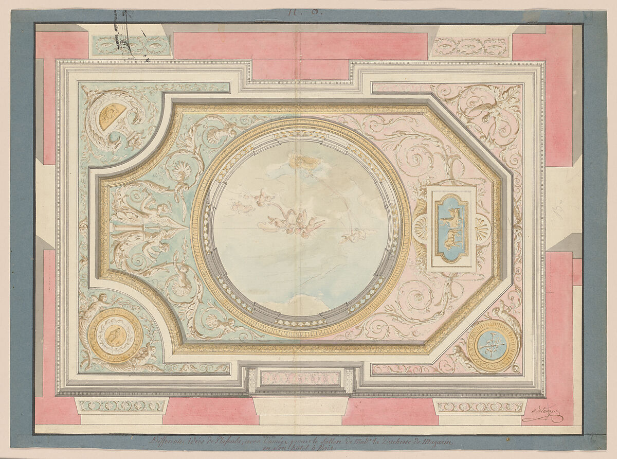 Study for a Ceiling of a Salon in the Hôtel de Mazarin, François Joseph Belanger (French, Paris 1744–1818 Paris), Pen and gray ink, brush and gray, brown and colored wash, over black chalk; blue paper mount pasted over edges of drawing, with framing lines in pen and black ink 