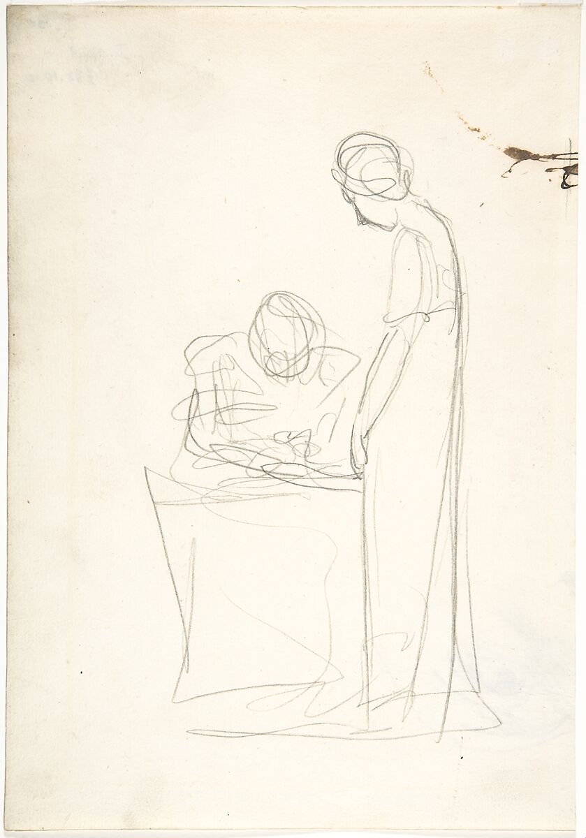 Study of two figures: one seated, the other standing (recto). Study of a head looking upwards (verso), George Romney (British, Beckside, Lancashire 1734–1802 Kendal, Cumbria), Graphite with traces of pen and brown ink at upper right 