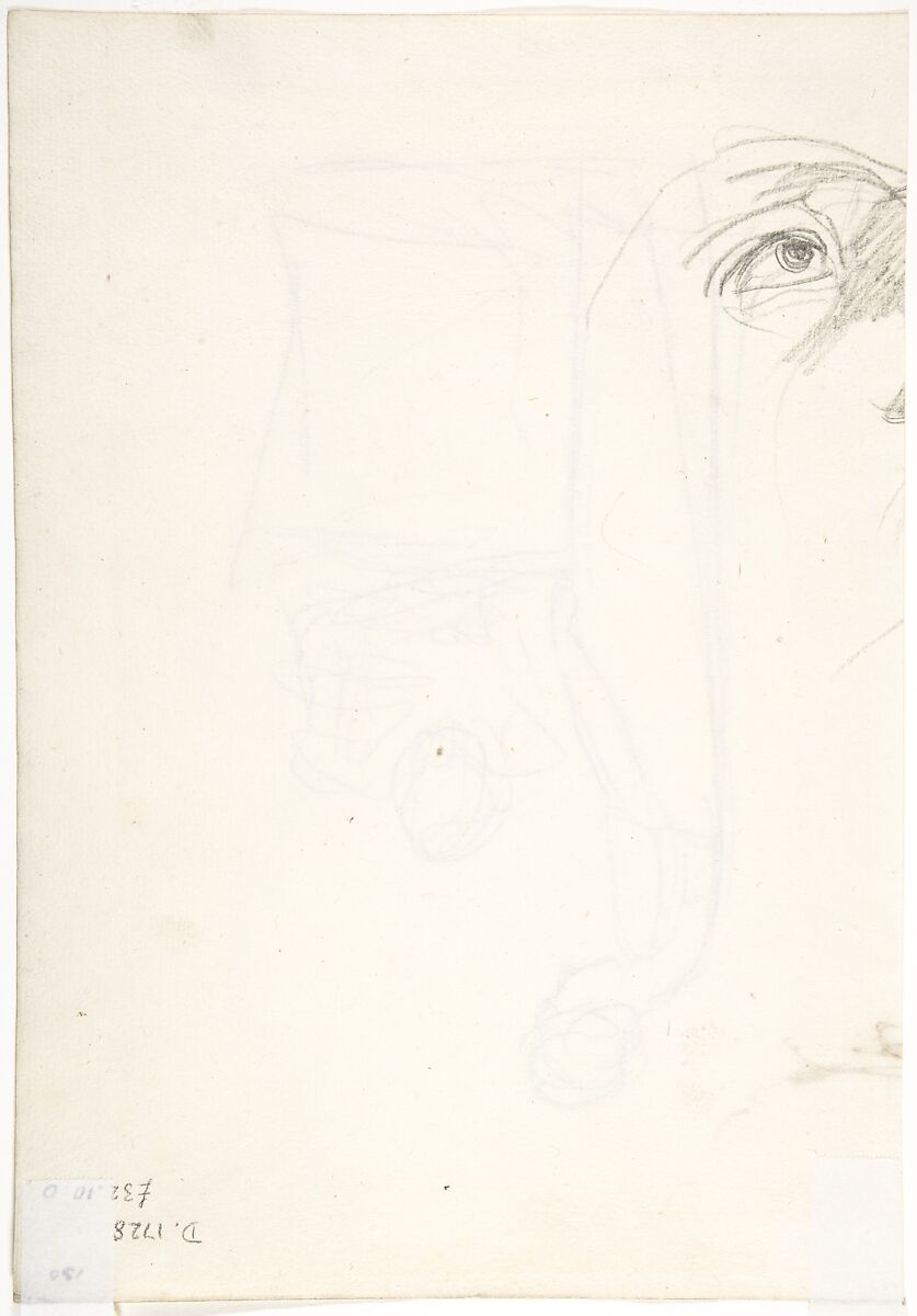 Study of two figures: one seated, the other standing (recto). Study of a head looking upwards (verso), George Romney (British, Beckside, Lancashire 1734–1802 Kendal, Cumbria), Graphite with traces of pen and brown ink at upper right