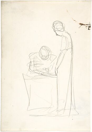 Study of two figures: one seated, the other standing (recto). Study of a head looking upwards (verso)