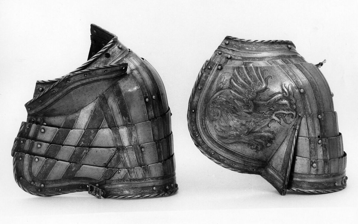 Pair of Pauldrons (Shoulder Defenses), Steel, gold, German 