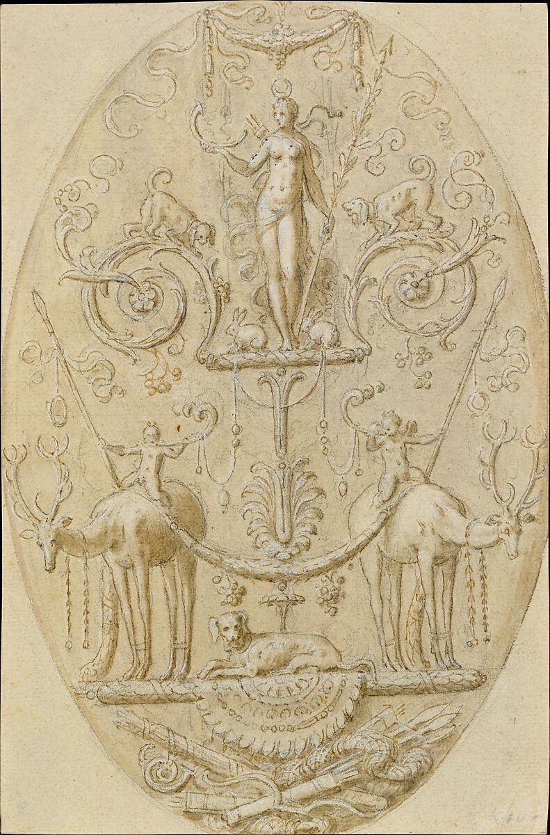 Diana with Attributes of the Hunt, Antoine Caron (French, Beauvais 1521–1599 Paris), Black chalk, pen and brown ink, brush and brown wash, heightened with white gouache on buff paper
