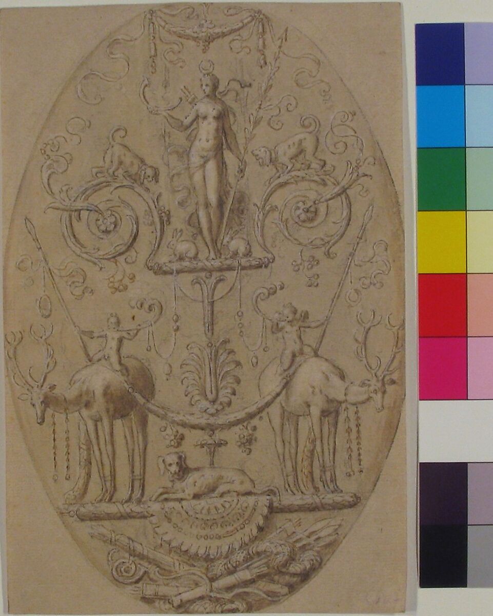 Diana with Attributes of the Hunt, Antoine Caron (French, Beauvais 1521–1599 Paris), Black chalk, pen and brown ink, brush and brown wash, heightened with white gouache on buff paper