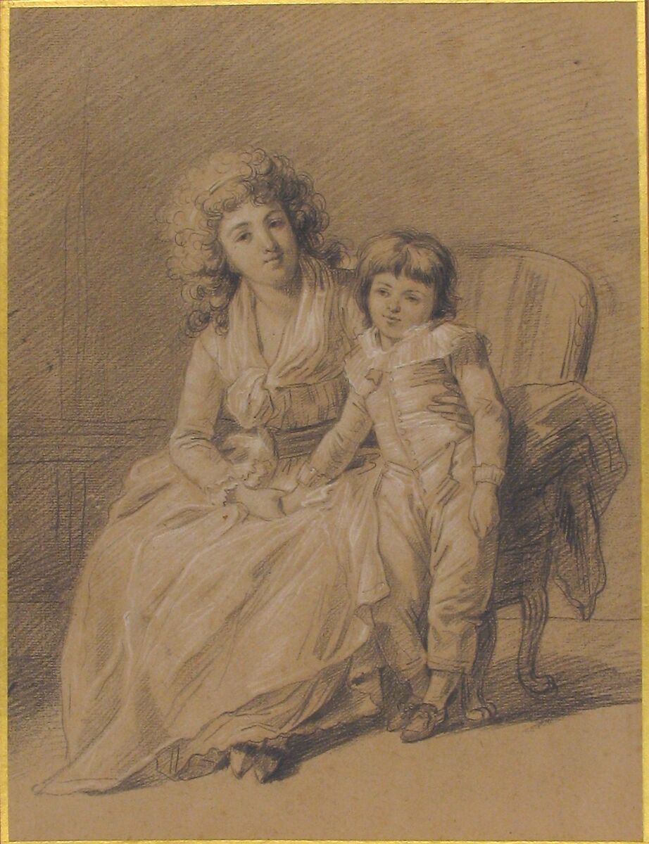 Portrait of a Mother and Child, François André Vincent (French, Paris 1746–1816 Paris), Black chalk, heightened with white chalk, over red chalk underdrawing, on beige paper