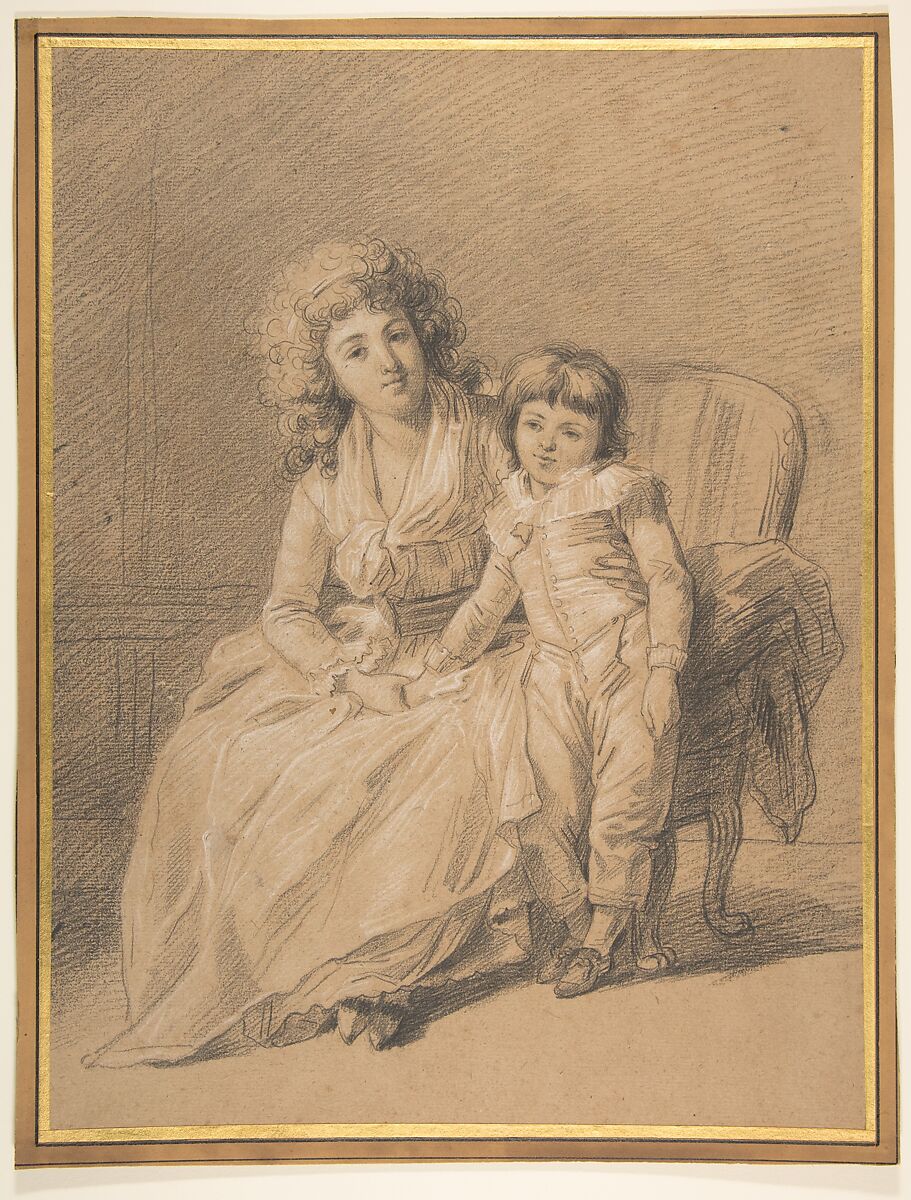 Portrait of a Mother and Child, François André Vincent (French, Paris 1746–1816 Paris), Black chalk, heightened with white chalk, over red chalk underdrawing, on beige paper 