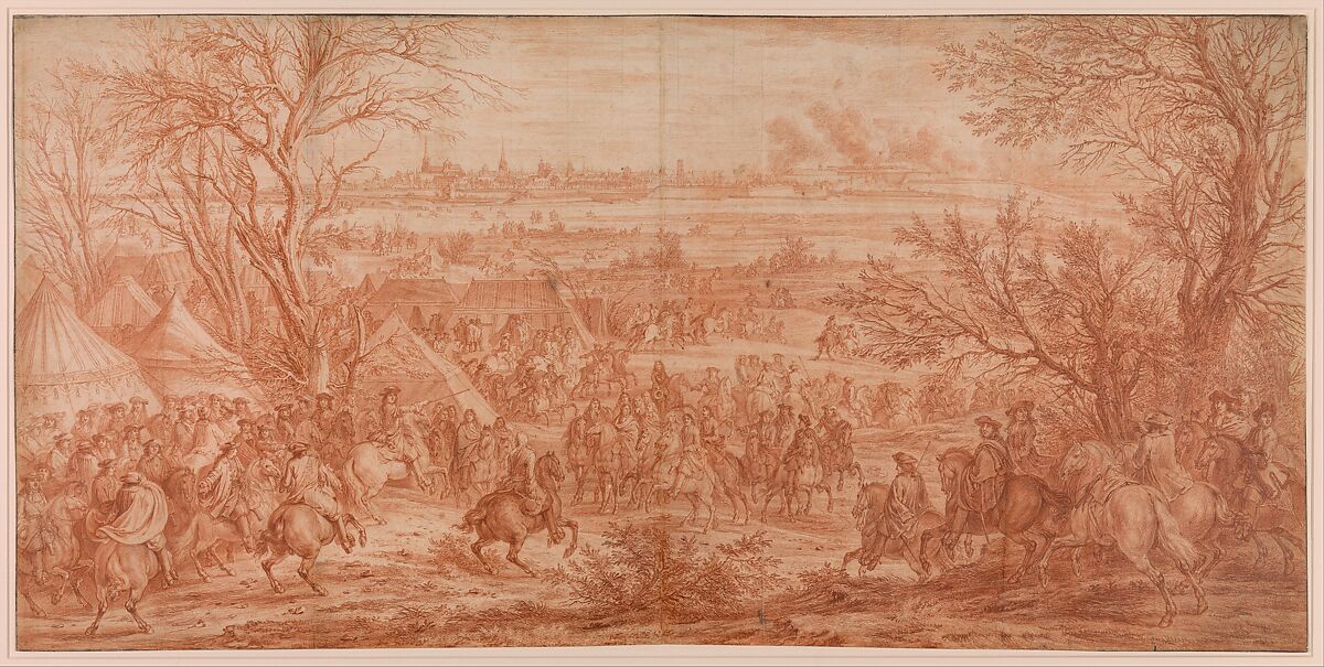 Louis XIV at the Siege of Cambrai, Seen from the South-West (March 20–April 19, 1677), studio of Adam Frans van der Meulen (Flemish, Brussels 1632–1690 Paris), Red chalk, over black chalk; squared in black chalk; framing lines in pen and black ink 