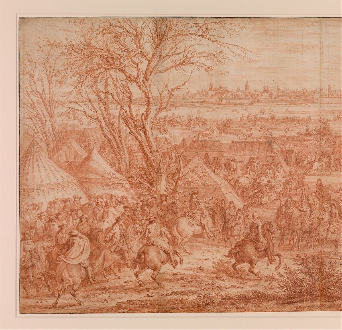 Louis XIV at the Siege of Cambrai, Seen from the South-West (March 20–April 19, 1677), studio of Adam Frans van der Meulen (Flemish, Brussels 1632–1690 Paris), Red chalk, over black chalk; squared in black chalk; framing lines in pen and black ink
