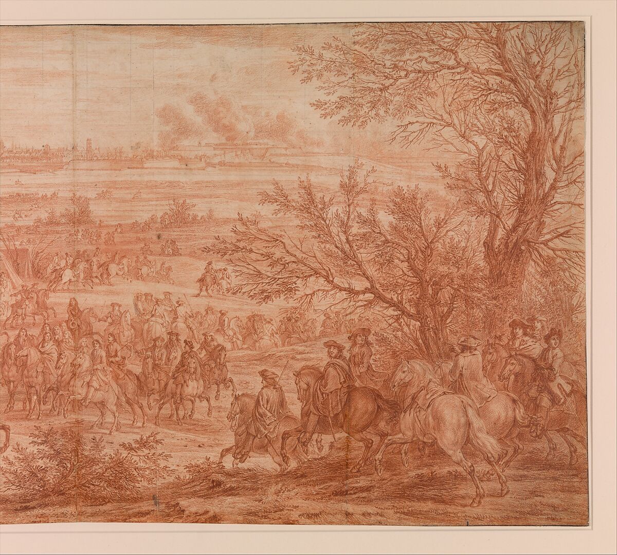 Louis XIV at the Siege of Cambrai, Seen from the South-West (March 20–April 19, 1677), studio of Adam Frans van der Meulen (Flemish, Brussels 1632–1690 Paris), Red chalk, over black chalk; squared in black chalk; framing lines in pen and black ink