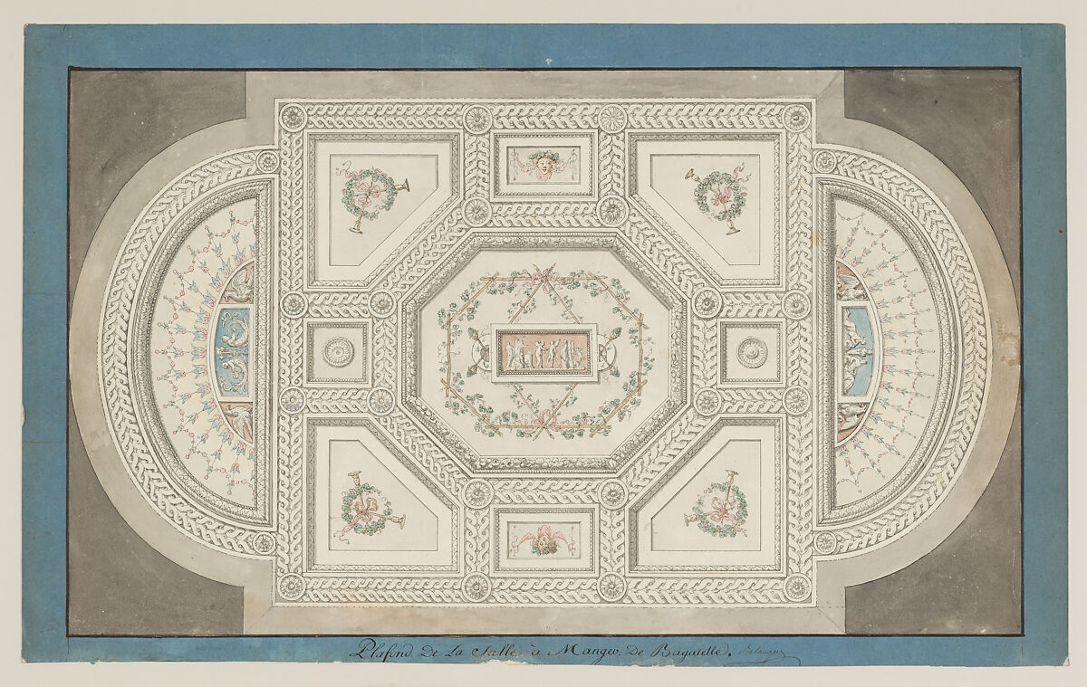 Study for the Dining-Room Ceiling of the Bagatelle Pavilion, François Joseph Belanger (French, Paris 1744–1818 Paris), Pen and gray ink, brush and gray and colored wash; lined with blue paper mount and framing lines 