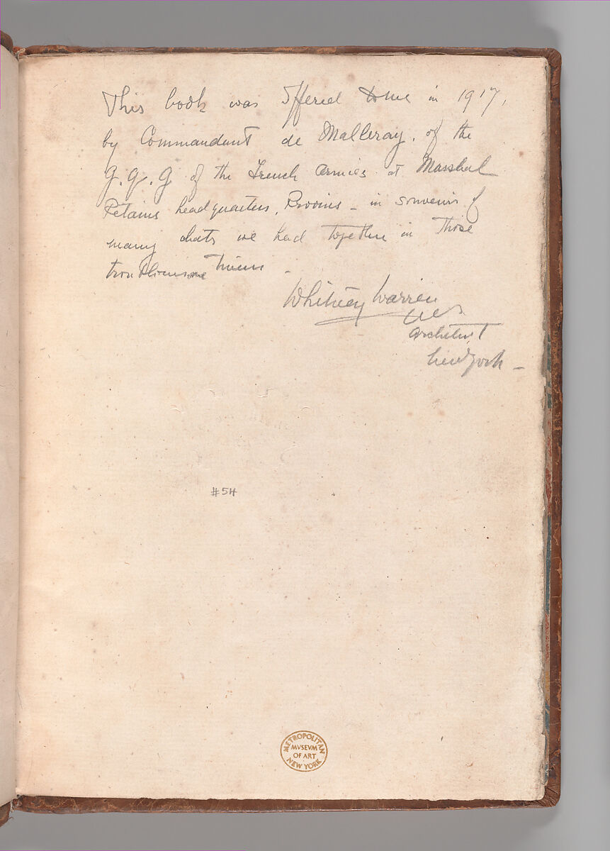 Notebook with Views of the Excavations at Herculaneum and of Other Italian Cities, Jérôme Charles Bellicard (French, Paris 1726–1786 Paris), Notebook of 55 pages on 29 leaves. Last leaf is hinged onto blank leaf. Two leaves are numbered 36 bis and 37 bis (in addition to pages 36, 37). Four leaves are missing between pages 1 and 2; one leaf is missing between pages 7 and 8; two leaves are missing between pages 23 and 24; two leaves are missing between pages 39 and 40; two leaves are missing between pages 51 and 52. Late-eighteenth-century or early-nineteenth-century sprinkled leather binding with marbleized endpapers.