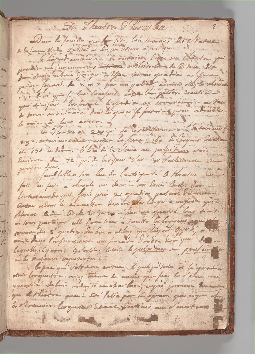 Notebook with Views of the Excavations at Herculaneum and of Other Italian Cities, Jérôme Charles Bellicard (French, Paris 1726–1786 Paris), Notebook of 55 pages on 29 leaves. Last leaf is hinged onto blank leaf. Two leaves are numbered 36 bis and 37 bis (in addition to pages 36, 37). Four leaves are missing between pages 1 and 2; one leaf is missing between pages 7 and 8; two leaves are missing between pages 23 and 24; two leaves are missing between pages 39 and 40; two leaves are missing between pages 51 and 52. Late-eighteenth-century or early-nineteenth-century sprinkled leather binding with marbleized endpapers.