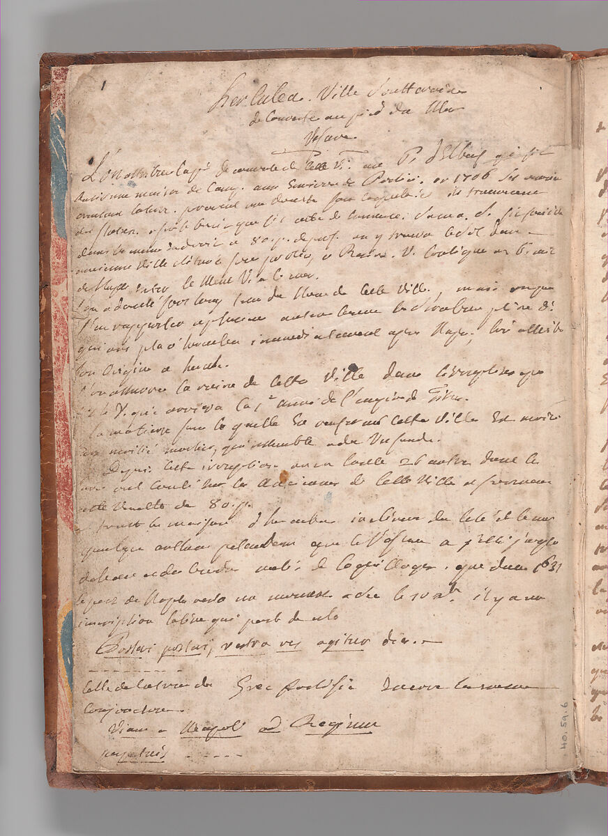 Notebook with Views of the Excavations at Herculaneum and of Other Italian Cities, Jérôme Charles Bellicard (French, Paris 1726–1786 Paris), Notebook of 55 pages on 29 leaves. Last leaf is hinged onto blank leaf. Two leaves are numbered 36 bis and 37 bis (in addition to pages 36, 37). Four leaves are missing between pages 1 and 2; one leaf is missing between pages 7 and 8; two leaves are missing between pages 23 and 24; two leaves are missing between pages 39 and 40; two leaves are missing between pages 51 and 52. Late-eighteenth-century or early-nineteenth-century sprinkled leather binding with marbleized endpapers.