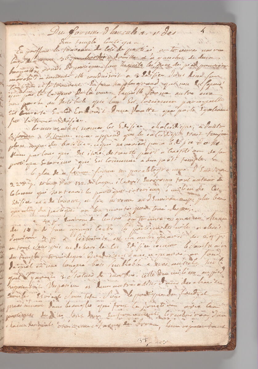 Notebook with Views of the Excavations at Herculaneum and of Other Italian Cities, Jérôme Charles Bellicard (French, Paris 1726–1786 Paris), Notebook of 55 pages on 29 leaves. Last leaf is hinged onto blank leaf. Two leaves are numbered 36 bis and 37 bis (in addition to pages 36, 37). Four leaves are missing between pages 1 and 2; one leaf is missing between pages 7 and 8; two leaves are missing between pages 23 and 24; two leaves are missing between pages 39 and 40; two leaves are missing between pages 51 and 52. Late-eighteenth-century or early-nineteenth-century sprinkled leather binding with marbleized endpapers.