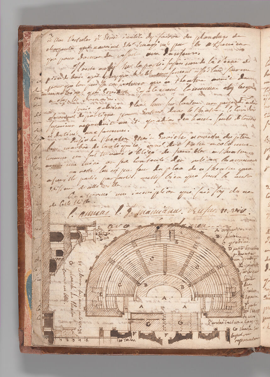 Notebook with Views of the Excavations at Herculaneum and of Other Italian Cities, Jérôme Charles Bellicard (French, Paris 1726–1786 Paris), Notebook of 55 pages on 29 leaves. Last leaf is hinged onto blank leaf. Two leaves are numbered 36 bis and 37 bis (in addition to pages 36, 37). Four leaves are missing between pages 1 and 2; one leaf is missing between pages 7 and 8; two leaves are missing between pages 23 and 24; two leaves are missing between pages 39 and 40; two leaves are missing between pages 51 and 52. Late-eighteenth-century or early-nineteenth-century sprinkled leather binding with marbleized endpapers.