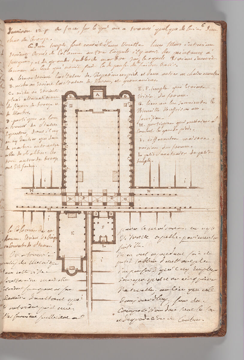 Notebook with Views of the Excavations at Herculaneum and of Other Italian Cities, Jérôme Charles Bellicard (French, Paris 1726–1786 Paris), Notebook of 55 pages on 29 leaves. Last leaf is hinged onto blank leaf. Two leaves are numbered 36 bis and 37 bis (in addition to pages 36, 37). Four leaves are missing between pages 1 and 2; one leaf is missing between pages 7 and 8; two leaves are missing between pages 23 and 24; two leaves are missing between pages 39 and 40; two leaves are missing between pages 51 and 52. Late-eighteenth-century or early-nineteenth-century sprinkled leather binding with marbleized endpapers.