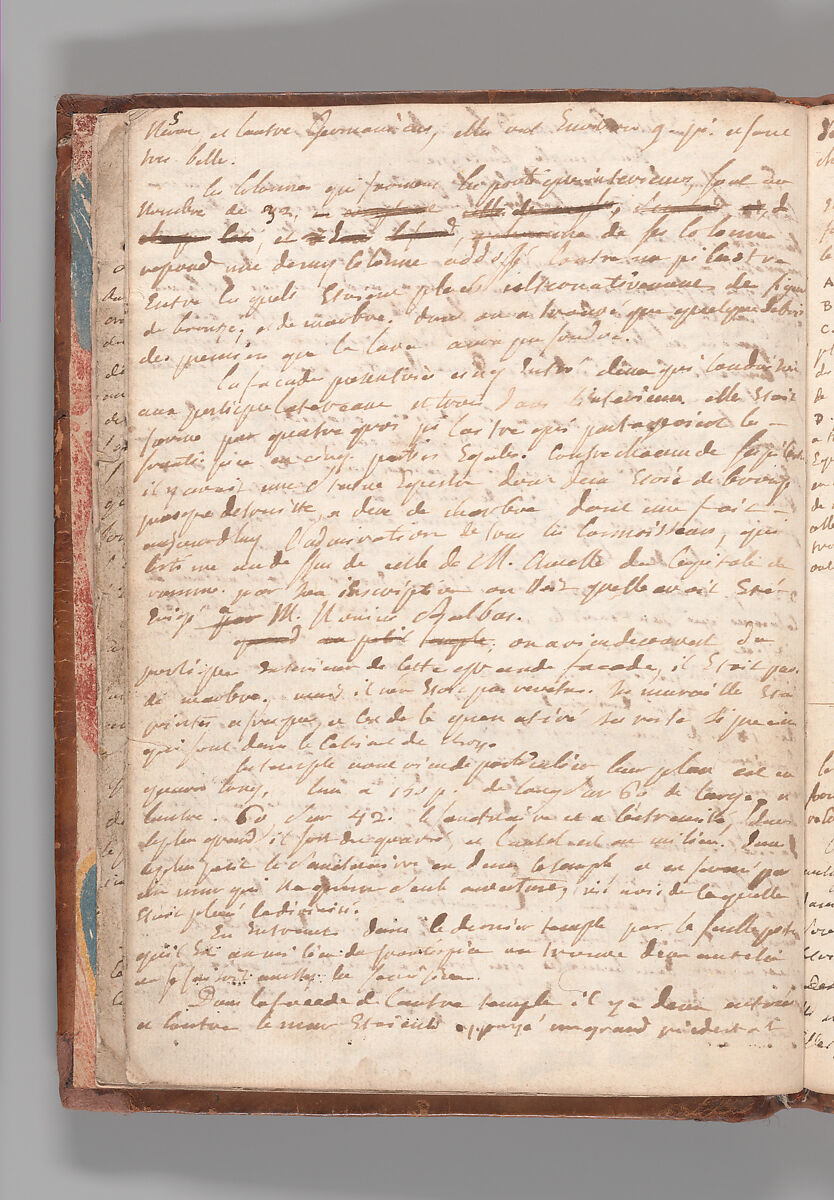 Notebook with Views of the Excavations at Herculaneum and of Other Italian Cities, Jérôme Charles Bellicard (French, Paris 1726–1786 Paris), Notebook of 55 pages on 29 leaves. Last leaf is hinged onto blank leaf. Two leaves are numbered 36 bis and 37 bis (in addition to pages 36, 37). Four leaves are missing between pages 1 and 2; one leaf is missing between pages 7 and 8; two leaves are missing between pages 23 and 24; two leaves are missing between pages 39 and 40; two leaves are missing between pages 51 and 52. Late-eighteenth-century or early-nineteenth-century sprinkled leather binding with marbleized endpapers.