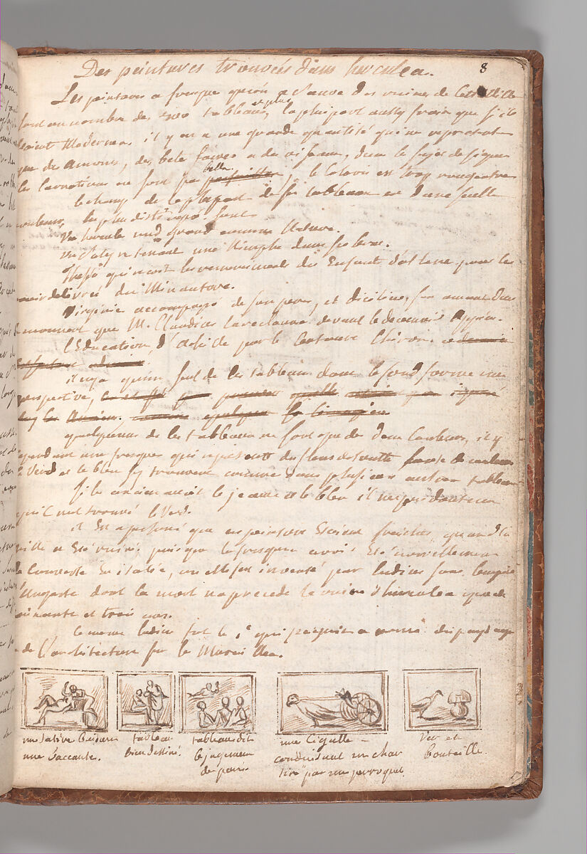 Notebook with Views of the Excavations at Herculaneum and of Other Italian Cities, Jérôme Charles Bellicard (French, Paris 1726–1786 Paris), Notebook of 55 pages on 29 leaves. Last leaf is hinged onto blank leaf. Two leaves are numbered 36 bis and 37 bis (in addition to pages 36, 37). Four leaves are missing between pages 1 and 2; one leaf is missing between pages 7 and 8; two leaves are missing between pages 23 and 24; two leaves are missing between pages 39 and 40; two leaves are missing between pages 51 and 52. Late-eighteenth-century or early-nineteenth-century sprinkled leather binding with marbleized endpapers.