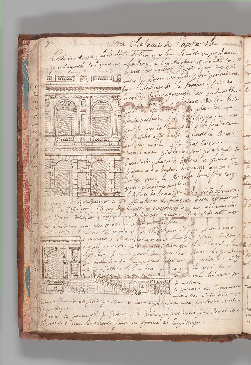 Notebook with Views of the Excavations at Herculaneum and of Other Italian Cities, Jérôme Charles Bellicard (French, Paris 1726–1786 Paris), Notebook of 55 pages on 29 leaves. Last leaf is hinged onto blank leaf. Two leaves are numbered 36 bis and 37 bis (in addition to pages 36, 37). Four leaves are missing between pages 1 and 2; one leaf is missing between pages 7 and 8; two leaves are missing between pages 23 and 24; two leaves are missing between pages 39 and 40; two leaves are missing between pages 51 and 52. Late-eighteenth-century or early-nineteenth-century sprinkled leather binding with marbleized endpapers.