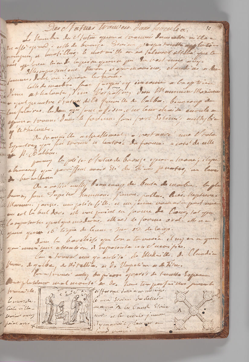 Notebook with Views of the Excavations at Herculaneum and of Other Italian Cities, Jérôme Charles Bellicard (French, Paris 1726–1786 Paris), Notebook of 55 pages on 29 leaves. Last leaf is hinged onto blank leaf. Two leaves are numbered 36 bis and 37 bis (in addition to pages 36, 37). Four leaves are missing between pages 1 and 2; one leaf is missing between pages 7 and 8; two leaves are missing between pages 23 and 24; two leaves are missing between pages 39 and 40; two leaves are missing between pages 51 and 52. Late-eighteenth-century or early-nineteenth-century sprinkled leather binding with marbleized endpapers.