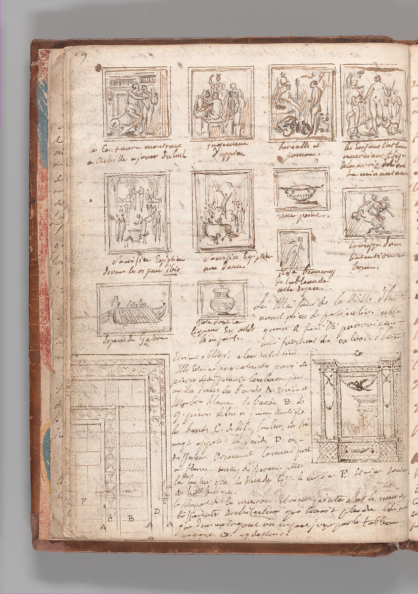 Notebook with Views of the Excavations at Herculaneum and of Other Italian Cities, Jérôme Charles Bellicard (French, Paris 1726–1786 Paris), Notebook of 55 pages on 29 leaves. Last leaf is hinged onto blank leaf. Two leaves are numbered 36 bis and 37 bis (in addition to pages 36, 37). Four leaves are missing between pages 1 and 2; one leaf is missing between pages 7 and 8; two leaves are missing between pages 23 and 24; two leaves are missing between pages 39 and 40; two leaves are missing between pages 51 and 52. Late-eighteenth-century or early-nineteenth-century sprinkled leather binding with marbleized endpapers.