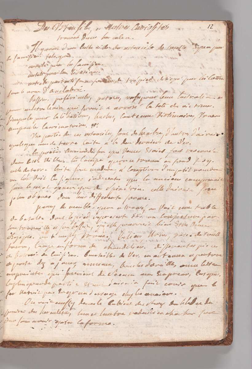 Notebook with Views of the Excavations at Herculaneum and of Other Italian Cities, Jérôme Charles Bellicard (French, Paris 1726–1786 Paris), Notebook of 55 pages on 29 leaves. Last leaf is hinged onto blank leaf. Two leaves are numbered 36 bis and 37 bis (in addition to pages 36, 37). Four leaves are missing between pages 1 and 2; one leaf is missing between pages 7 and 8; two leaves are missing between pages 23 and 24; two leaves are missing between pages 39 and 40; two leaves are missing between pages 51 and 52. Late-eighteenth-century or early-nineteenth-century sprinkled leather binding with marbleized endpapers.