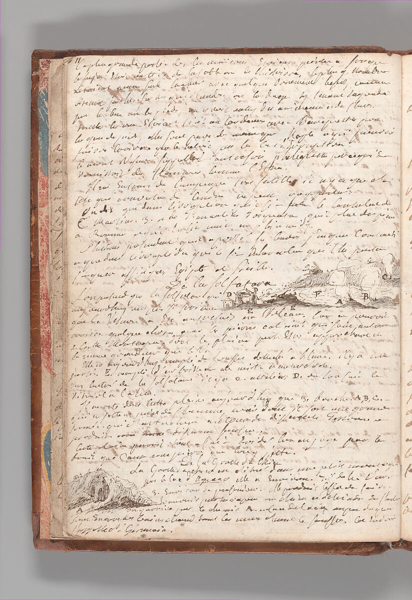 Notebook with Views of the Excavations at Herculaneum and of Other Italian Cities, Jérôme Charles Bellicard (French, Paris 1726–1786 Paris), Notebook of 55 pages on 29 leaves. Last leaf is hinged onto blank leaf. Two leaves are numbered 36 bis and 37 bis (in addition to pages 36, 37). Four leaves are missing between pages 1 and 2; one leaf is missing between pages 7 and 8; two leaves are missing between pages 23 and 24; two leaves are missing between pages 39 and 40; two leaves are missing between pages 51 and 52. Late-eighteenth-century or early-nineteenth-century sprinkled leather binding with marbleized endpapers.