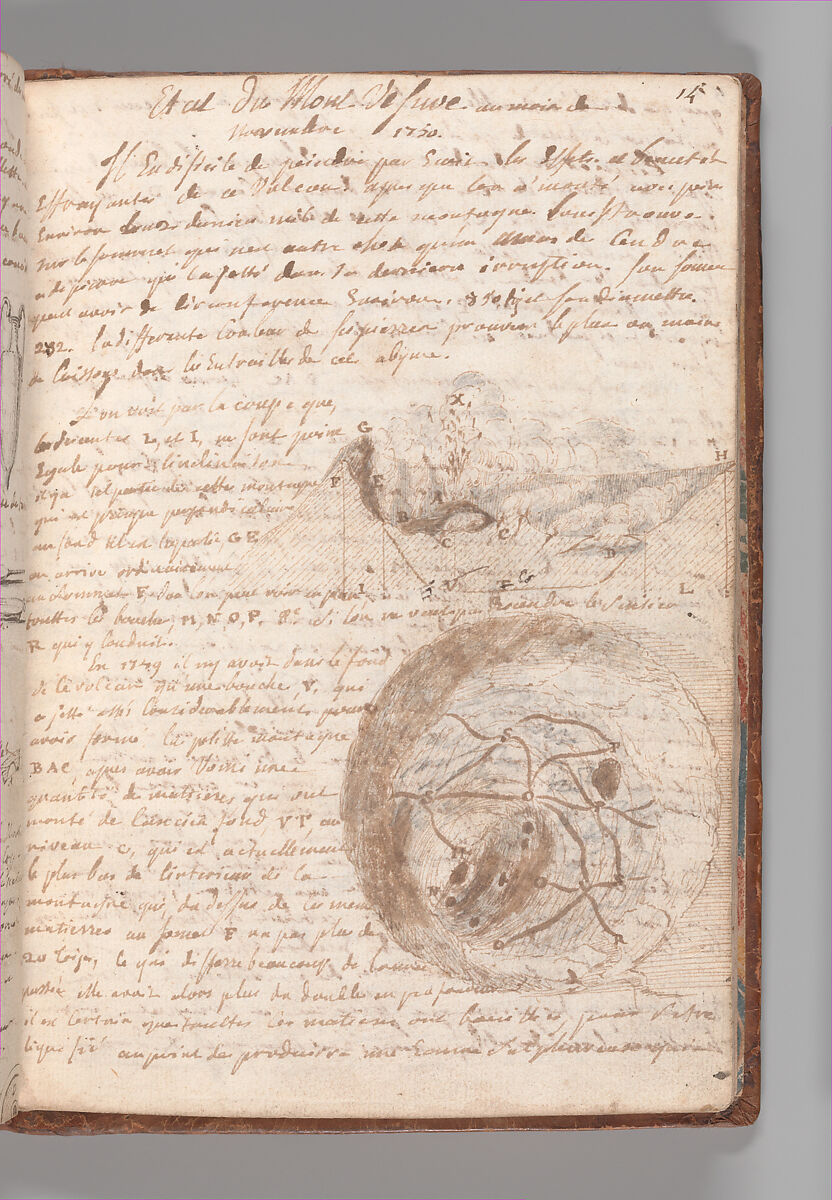 Notebook with Views of the Excavations at Herculaneum and of Other Italian Cities, Jérôme Charles Bellicard (French, Paris 1726–1786 Paris), Notebook of 55 pages on 29 leaves. Last leaf is hinged onto blank leaf. Two leaves are numbered 36 bis and 37 bis (in addition to pages 36, 37). Four leaves are missing between pages 1 and 2; one leaf is missing between pages 7 and 8; two leaves are missing between pages 23 and 24; two leaves are missing between pages 39 and 40; two leaves are missing between pages 51 and 52. Late-eighteenth-century or early-nineteenth-century sprinkled leather binding with marbleized endpapers.