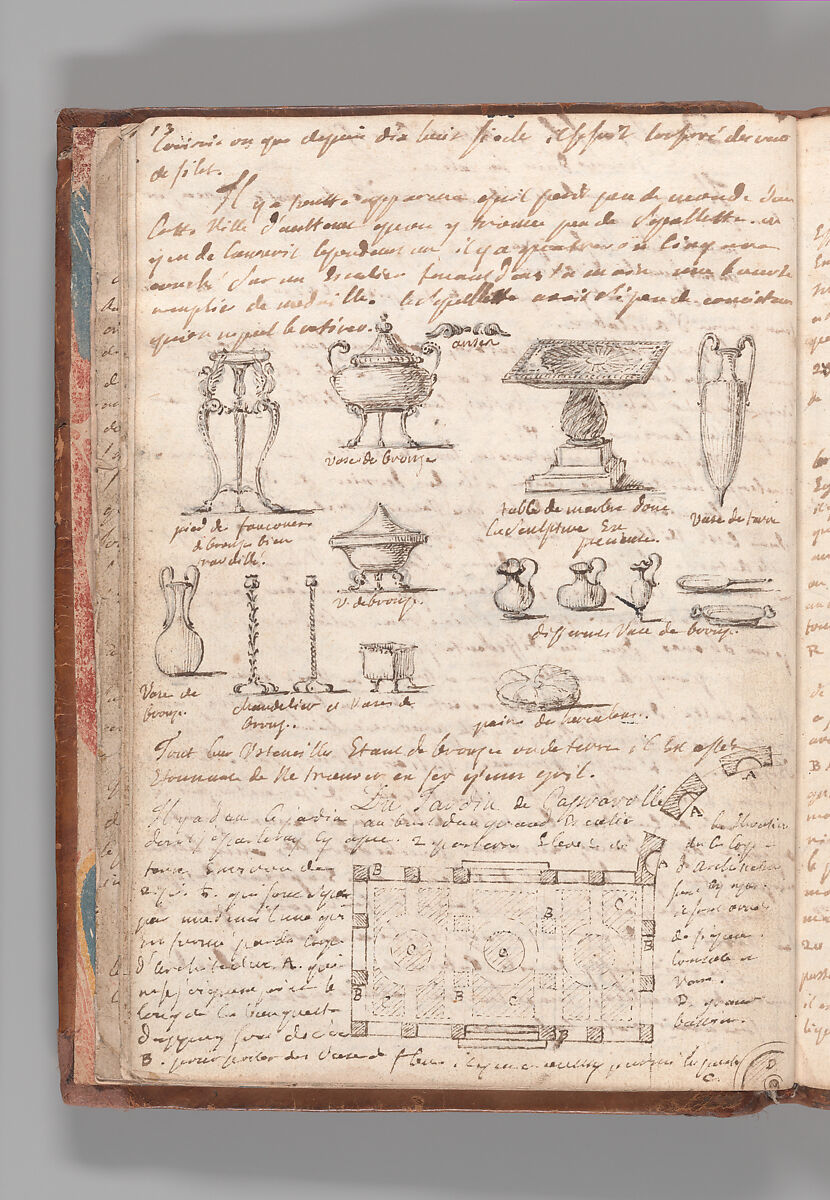 Notebook with Views of the Excavations at Herculaneum and of Other Italian Cities, Jérôme Charles Bellicard (French, Paris 1726–1786 Paris), Notebook of 55 pages on 29 leaves. Last leaf is hinged onto blank leaf. Two leaves are numbered 36 bis and 37 bis (in addition to pages 36, 37). Four leaves are missing between pages 1 and 2; one leaf is missing between pages 7 and 8; two leaves are missing between pages 23 and 24; two leaves are missing between pages 39 and 40; two leaves are missing between pages 51 and 52. Late-eighteenth-century or early-nineteenth-century sprinkled leather binding with marbleized endpapers.