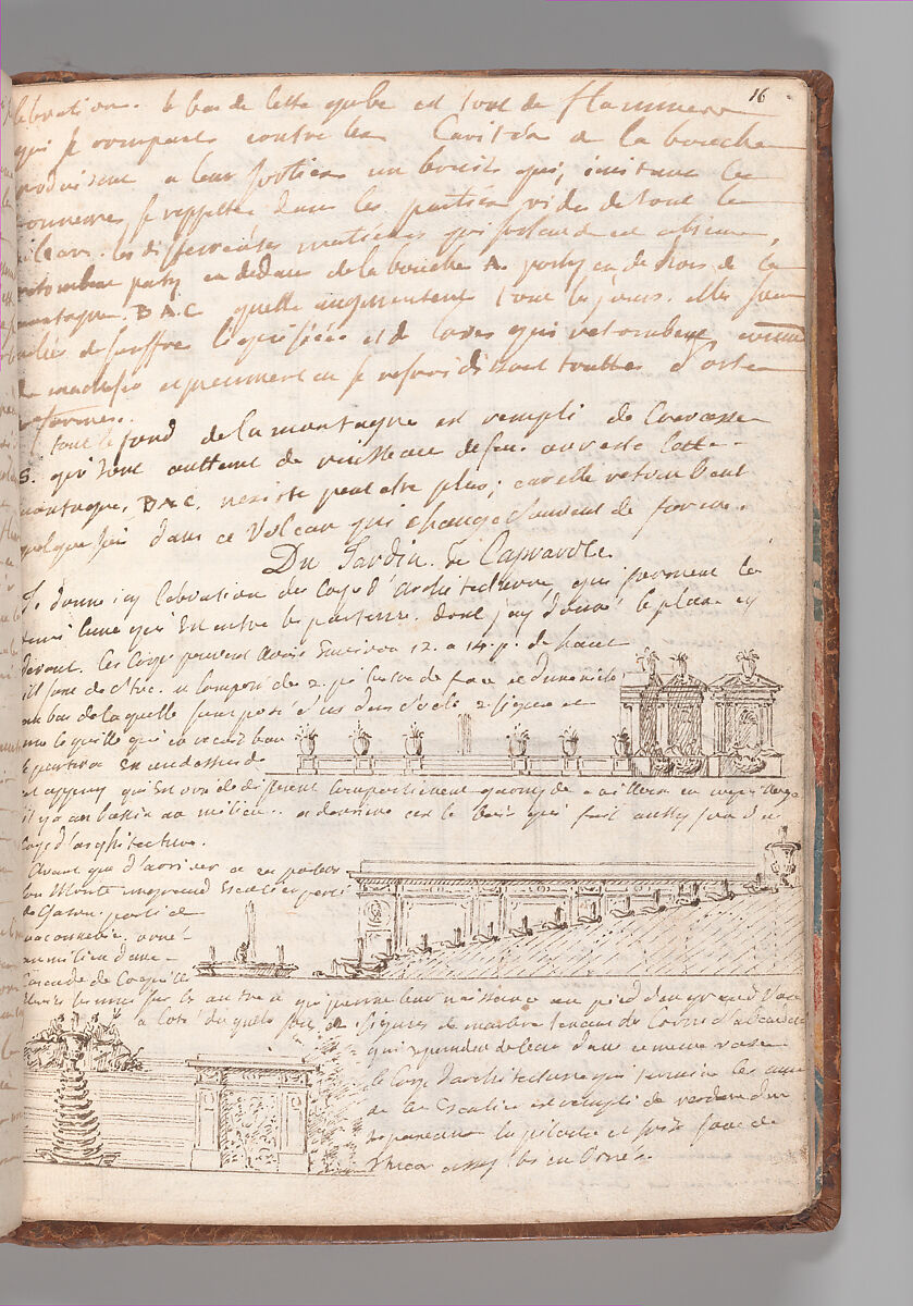 Notebook with Views of the Excavations at Herculaneum and of Other Italian Cities, Jérôme Charles Bellicard (French, Paris 1726–1786 Paris), Notebook of 55 pages on 29 leaves. Last leaf is hinged onto blank leaf. Two leaves are numbered 36 bis and 37 bis (in addition to pages 36, 37). Four leaves are missing between pages 1 and 2; one leaf is missing between pages 7 and 8; two leaves are missing between pages 23 and 24; two leaves are missing between pages 39 and 40; two leaves are missing between pages 51 and 52. Late-eighteenth-century or early-nineteenth-century sprinkled leather binding with marbleized endpapers.