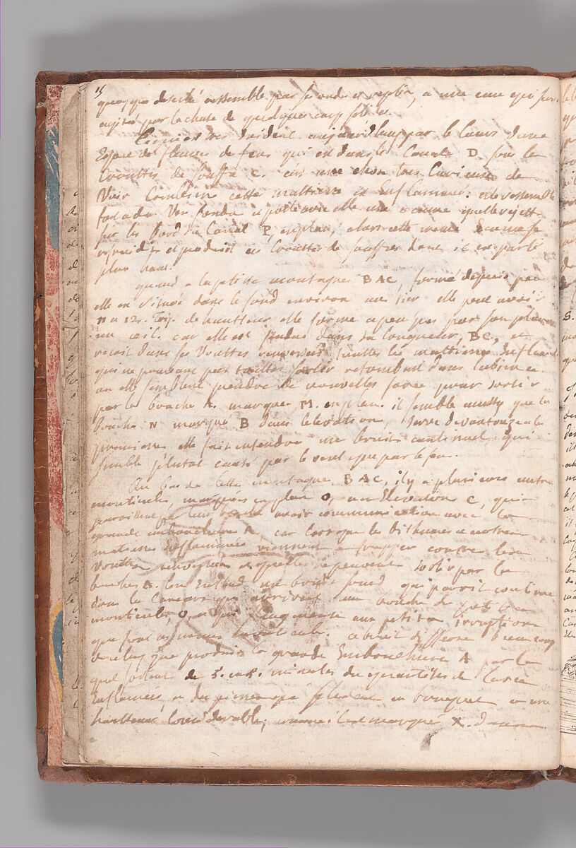 Notebook with Views of the Excavations at Herculaneum and of Other Italian Cities, Jérôme Charles Bellicard (French, Paris 1726–1786 Paris), Notebook of 55 pages on 29 leaves. Last leaf is hinged onto blank leaf. Two leaves are numbered 36 bis and 37 bis (in addition to pages 36, 37). Four leaves are missing between pages 1 and 2; one leaf is missing between pages 7 and 8; two leaves are missing between pages 23 and 24; two leaves are missing between pages 39 and 40; two leaves are missing between pages 51 and 52. Late-eighteenth-century or early-nineteenth-century sprinkled leather binding with marbleized endpapers.