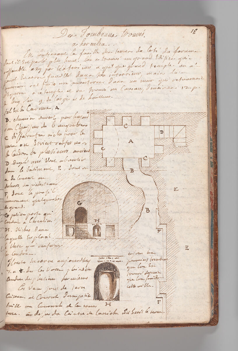 Notebook with Views of the Excavations at Herculaneum and of Other Italian Cities, Jérôme Charles Bellicard (French, Paris 1726–1786 Paris), Notebook of 55 pages on 29 leaves. Last leaf is hinged onto blank leaf. Two leaves are numbered 36 bis and 37 bis (in addition to pages 36, 37). Four leaves are missing between pages 1 and 2; one leaf is missing between pages 7 and 8; two leaves are missing between pages 23 and 24; two leaves are missing between pages 39 and 40; two leaves are missing between pages 51 and 52. Late-eighteenth-century or early-nineteenth-century sprinkled leather binding with marbleized endpapers.