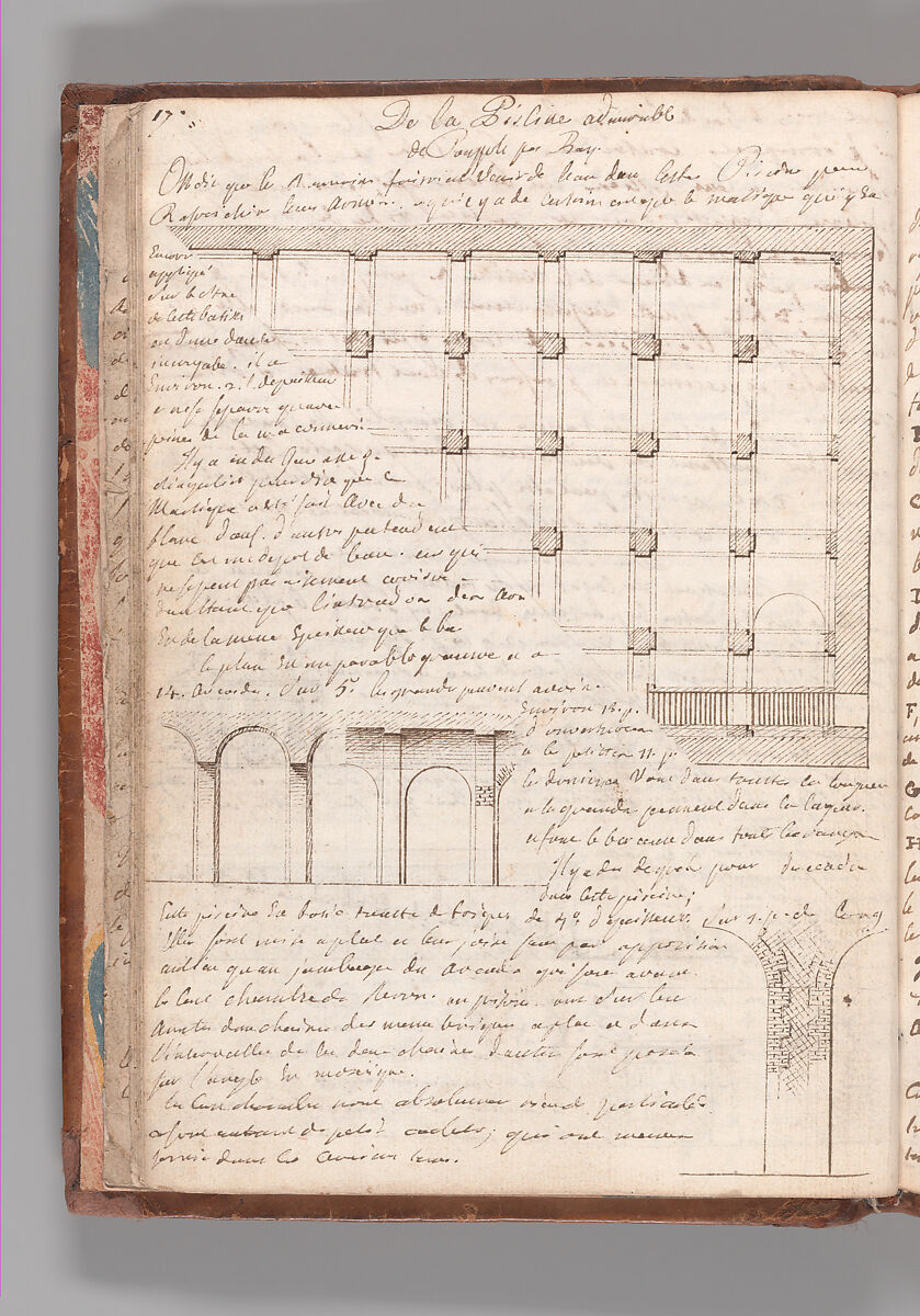 Notebook with Views of the Excavations at Herculaneum and of Other Italian Cities, Jérôme Charles Bellicard (French, Paris 1726–1786 Paris), Notebook of 55 pages on 29 leaves. Last leaf is hinged onto blank leaf. Two leaves are numbered 36 bis and 37 bis (in addition to pages 36, 37). Four leaves are missing between pages 1 and 2; one leaf is missing between pages 7 and 8; two leaves are missing between pages 23 and 24; two leaves are missing between pages 39 and 40; two leaves are missing between pages 51 and 52. Late-eighteenth-century or early-nineteenth-century sprinkled leather binding with marbleized endpapers.