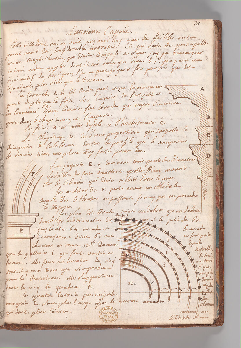 Notebook with Views of the Excavations at Herculaneum and of Other Italian Cities, Jérôme Charles Bellicard (French, Paris 1726–1786 Paris), Notebook of 55 pages on 29 leaves. Last leaf is hinged onto blank leaf. Two leaves are numbered 36 bis and 37 bis (in addition to pages 36, 37). Four leaves are missing between pages 1 and 2; one leaf is missing between pages 7 and 8; two leaves are missing between pages 23 and 24; two leaves are missing between pages 39 and 40; two leaves are missing between pages 51 and 52. Late-eighteenth-century or early-nineteenth-century sprinkled leather binding with marbleized endpapers.